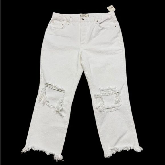Free People Wide Leg Crop Ankle Fray Jeans White 30x27 High Rise Button Fly NWT - Picture 1 of 13